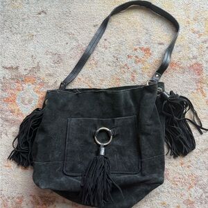 Zara Black Suede Shoulder Bag with Fringe